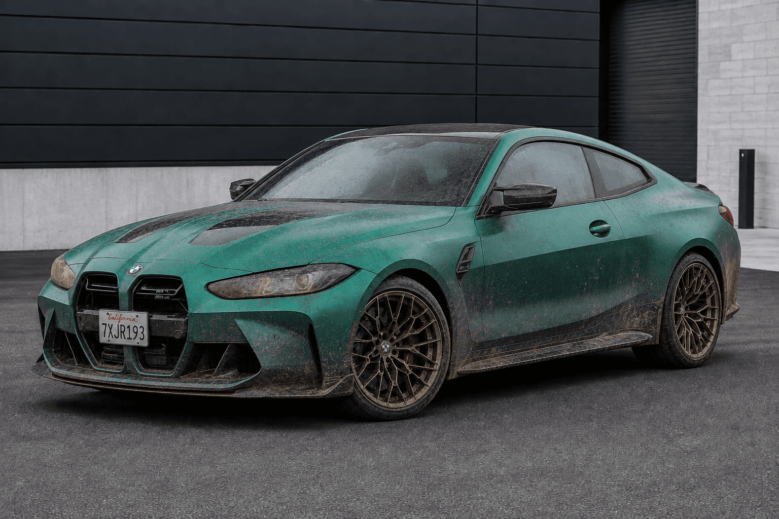 BMW M4 before detailing, covered in dirt and mud